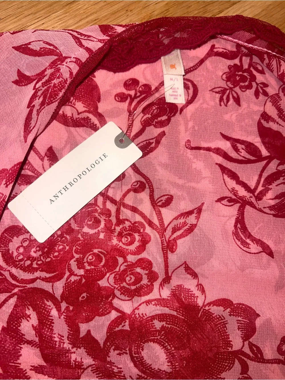 Anthropologie LyreBird Red Floral Lace-Trim Robe & short Set